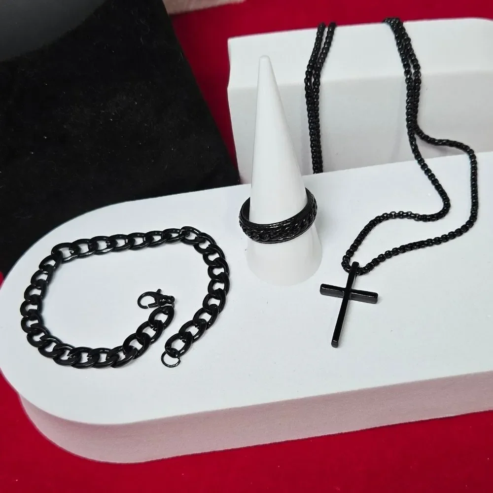 Men’s Black Cross Necklace Bracelet Ring 3pc Set Minimalist Faith Grad Gift NWT